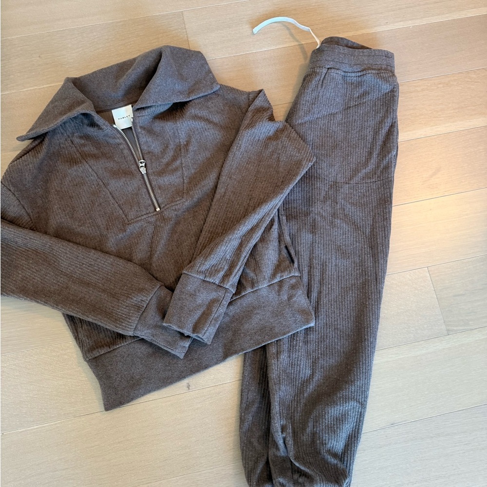 Varley Taupe Ribbed Zip-Up Top